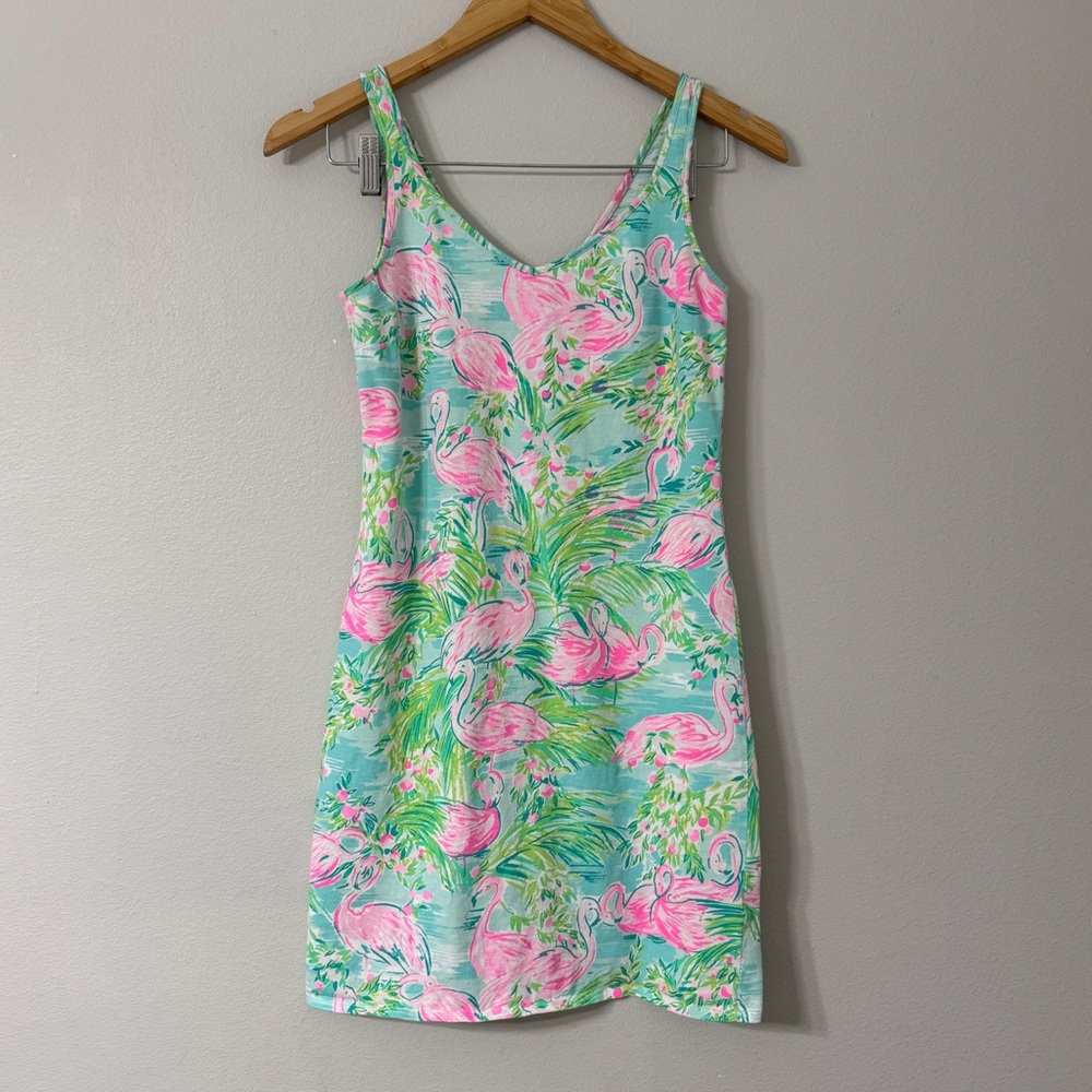 Lilly Pulitzer Flamingo Print Tank Dress XXS Pink Green Tropical Cotton Sundress